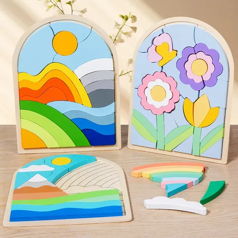 Tableau de Puzzle Assorti Arc-en-ciel en Bois pour Enfants Montessori Jouet Éducatif D'Apprentissage Tri de Formes Géométriques