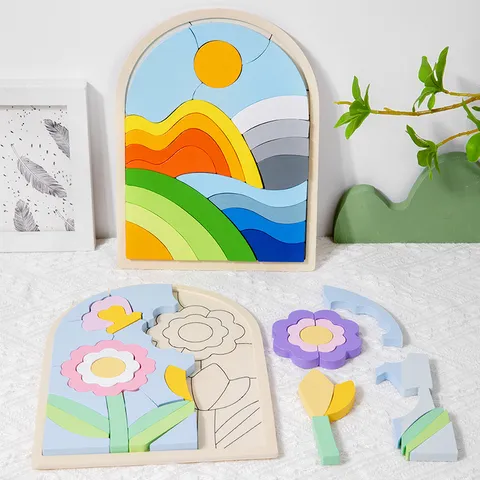 Tableau de Puzzle Assorti Arc-en-ciel en Bois pour Enfants Montessori Jouet Éducatif D'Apprentissage Tri de Formes Géométriques