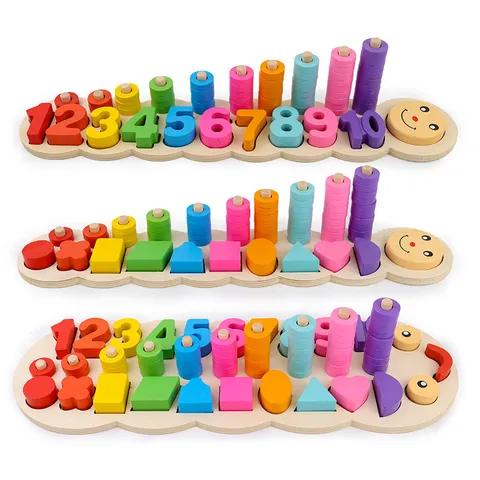 Kids Montessori Wooden Educational Toy Caterpillar Digital Shape Sorting Board Counting Rainbow Circle Matching Gift