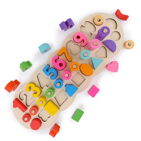 Kids Montessori Wooden Educational Toy Caterpillar Digital Shape Sorting Board Counting Rainbow Circle Matching Gift