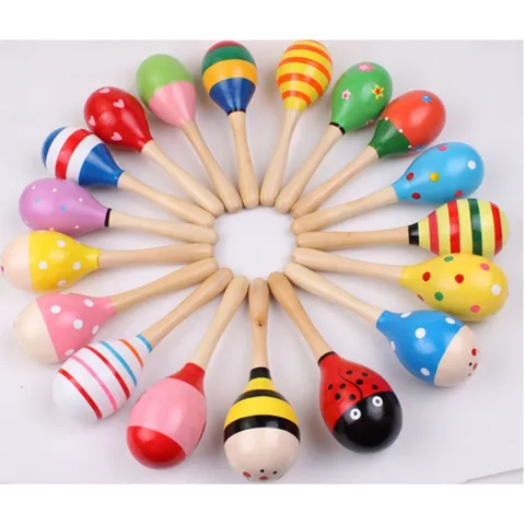 Hölzerne Baby Maracas Musikalisches Spielzeug Orff Instrument Bunte Cartoon Gemalt Perkussion Spielzeug Kleinkind Frühe Bildung Geschenk