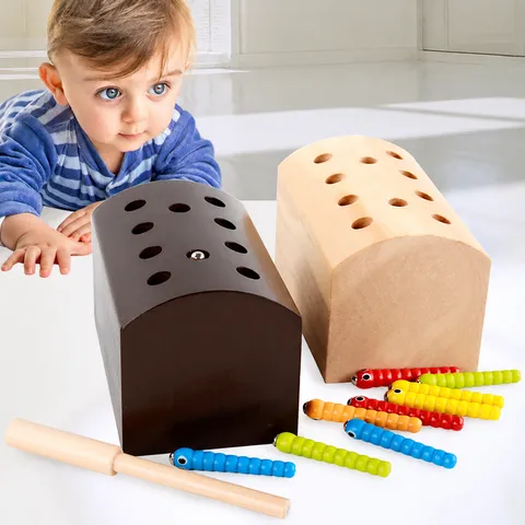 Montessori Wooden Magnetic Catch Worms Educational Toy Color Matching Hand Eye Coordination Game Parent-Child Interactive Toy