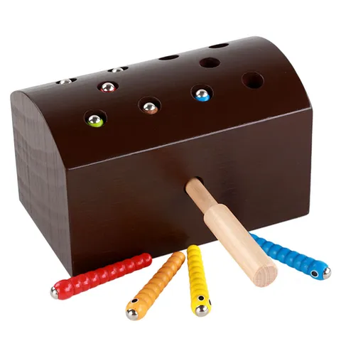 Montessori Wooden Magnetic Catch Worms Educational Toy Color Matching Hand Eye Coordination Game Parent-Child Interactive Toy