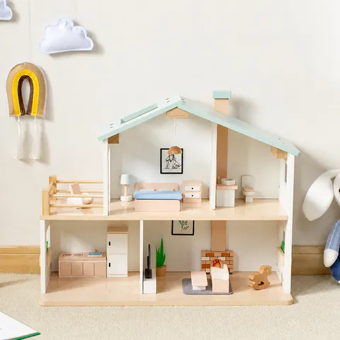 Wooden Dollhouse Pretend Play Villa With Miniature Furniture Kids Educational Toy Nordic Style Wooden Doll House Gift For Children