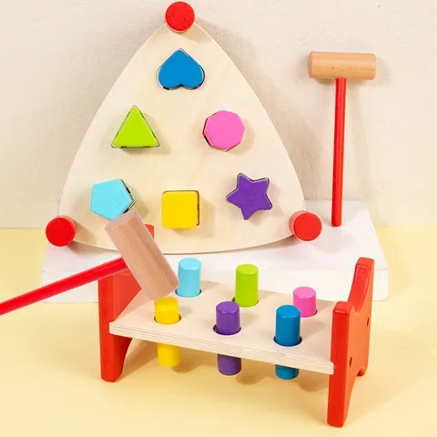 Wooden Pounding Bench Toy Early Educational Montessori Learning Toy Hand Eye Coordination Color Recognition Wooden Hammer Toy