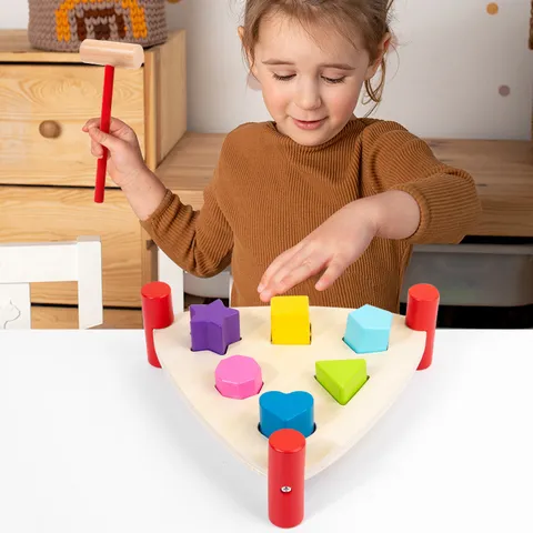 Wooden Pounding Bench Toy Early Educational Montessori Learning Toy Hand Eye Coordination Color Recognition Wooden Hammer Toy