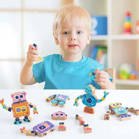 Wooden Robot Building Blocks DIY Educational Toy Creative Handmade Assembled Figurine Model Children Puzzle Gift