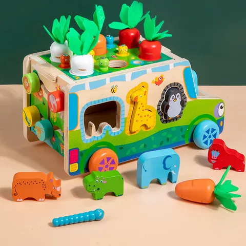 Enfants Bois Multifonctionnel Éducatif Carotte Tirant Tri Tirer Voiture Jouet Bébé Apprentissage Précoce Animal Correspondant Jeu Tout-Petit Cadeau