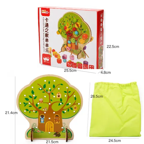 Kids Educational Wooden Fruit Tree Lacing Beads Toy Early Learning Montessori Fine Motor Skill Training Bead Game Gift