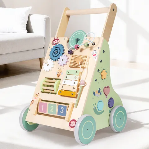 Hölzerner Lauflernwagen Multifunktionales Kleinkind Schiebespielzeug Mit Früherziehungs Lernbrett Sensorischen Spielzeugen Für Kinder