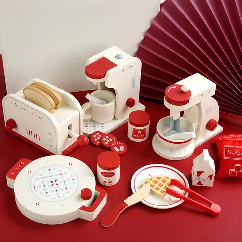 Giocattolo da Cucina in Legno per Gioco di Ruolo Macchina da Caffè Macchina per Pane Frullatore Waffliera Giocattolo Educativo per Bambini Regalo