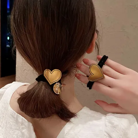 Korean Style Vintage Gold Heart Alloy Rhinestone Hair Tie High Elastic Rubber Band Scrunchies For Women Pony Tail Holder Fashion Hair Accessories
