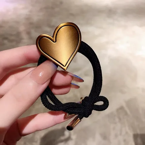 Korean Style Vintage Gold Heart Alloy Rhinestone Hair Tie High Elastic Rubber Band Scrunchies For Women Pony Tail Holder Fashion Hair Accessories