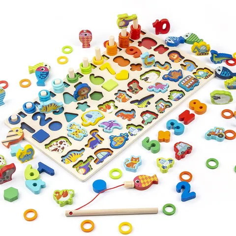 Wooden Educational Logarithm Board Early Learning Toy Alphabet Number Dinosaur Shape Sorting Game