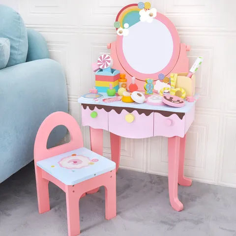 Ensemble de Jouets de Coiffeuse Arc-en-ciel en Bois pour Enfants Table de Maquillage de Princesse avec Miroir et Tabouret