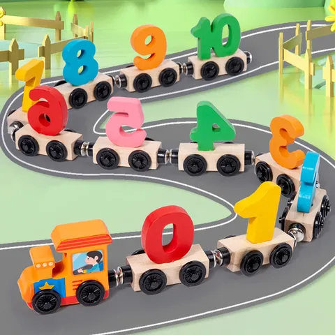 Wooden Magnetic Digital Train Toy Kids Early Educational Learning Building Blocks Train Track