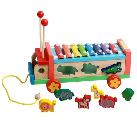 Jouet Éducatif de Bébé en Bois Voiture à Tirer Xylophone Forme d'Animal Jouet d'Apprentissage Musical Multifonctionnel