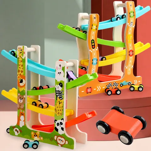 Wooden Children Educational Sliding Track Car Toy Multi Layer Gliding Race Track With Cartoon Animals And Small Cars