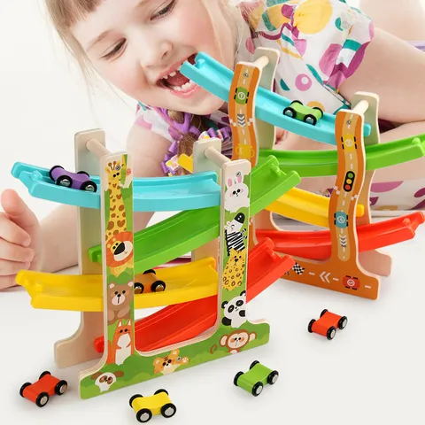 Wooden Children Educational Sliding Track Car Toy Multi Layer Gliding Race Track With Cartoon Animals And Small Cars