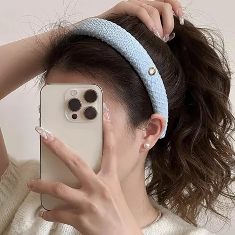 Damen Blau Hoher Schädeloberteil Stirnband Süß Stoff Haarreif Mit Gold Metall Etikett Kariert Gestreift Haarschmuck Für Gesichtswaschen Alltag
