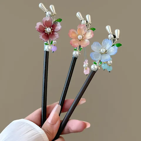 New Chinese Style Wooden Hairpin Peach Blossom Flower Tassel Artificial Pearl Ancient Style Hair Stick For Women Hanfu Jewelry
