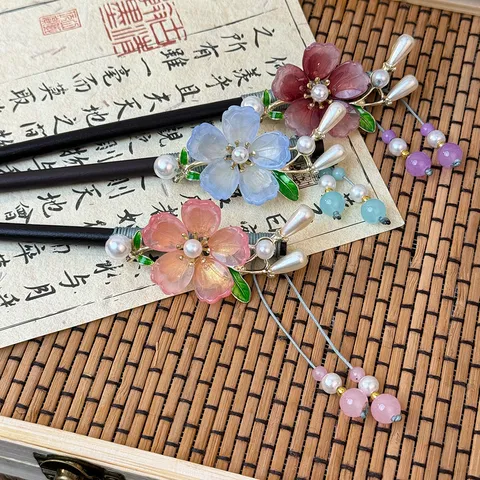 New Chinese Style Wooden Hairpin Peach Blossom Flower Tassel Artificial Pearl Ancient Style Hair Stick For Women Hanfu Jewelry