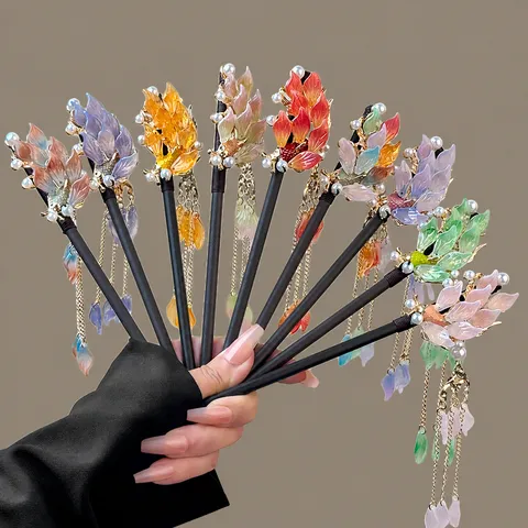 Classical Wooden Hair Stick Lily Of The Valley Flower Petal Tassel Dangling Hairpiece Neo Chinese Hanfu Hair Fork Jewelry