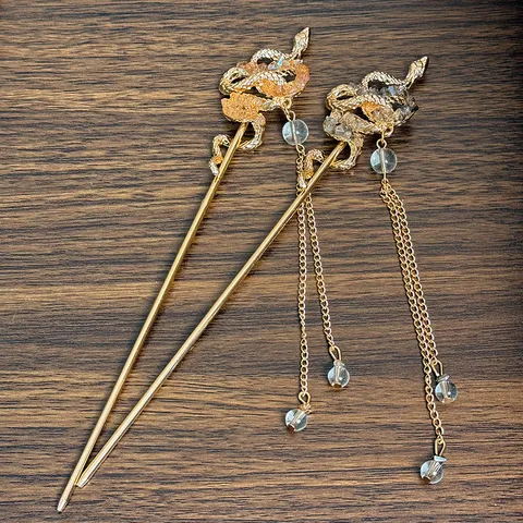 Neo-Chinese Style Snake Hairpin Long Tassel Rhinestone Hair Stick Vintage Hanfu Hair Fork For Women Hair Jewelry