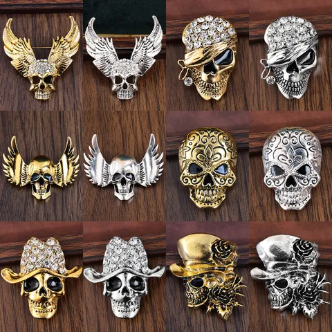 Halloween Gothic Zinc Alloy Skull Brooch Pin For Women Men Retro Rhinestone Inlaid Cowboy Hat Rose Skull Wings Brooch Pin Party Gift