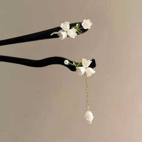 Vintage Chinese Style Wooden Hair Stick Handmade Flower Tassel Hairpin Traditional Hanfu Hair Accessories For Women Jewelry