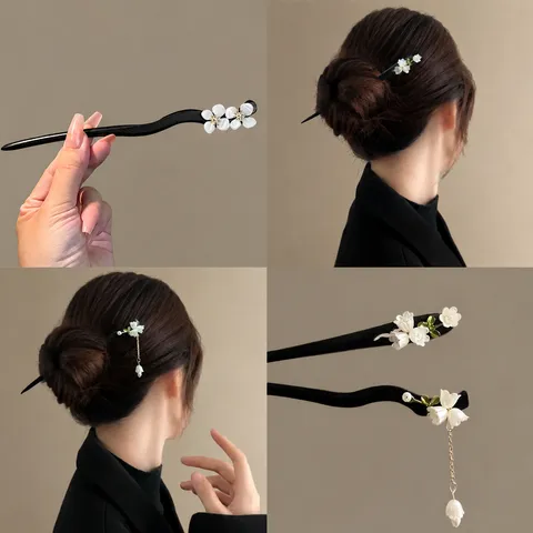 Vintage Chinese Style Wooden Hair Stick Handmade Flower Tassel Hairpin Traditional Hanfu Hair Accessories For Women Jewelry