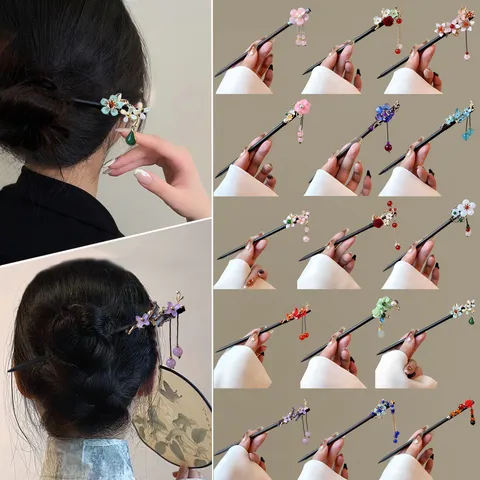 Vintage Wooden Hairpin For Women Chinese Style Handmade Flower Tassel Dangle Hair Stick Classic Dark Brown Wood Hair Clip Accessory For Hanfu Wedding Dress Up
