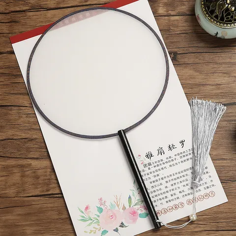 Fait Main Bois de Hêtre Soie Artificielle Rond Eventail à Main Style Classique Peint Floral DIY Peinture Eventail Gland Eventail Décoratif