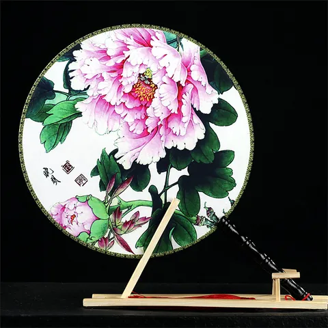 Chinese Classical Style Round Silk Fan Double Sided Floral Print Wooden Handle With Tassel Hanfu Dance Decorative Fan