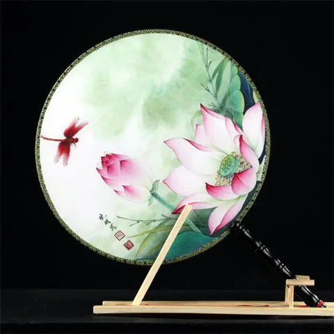 Chinese Classical Style Round Silk Fan Double Sided Floral Print Wooden Handle With Tassel Hanfu Dance Decorative Fan