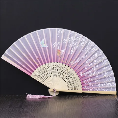 Eventail Pliant en Soie de Style Chinois Eventail à Main Creux en Bois Eventail Classique Imprimé Fleurs de Cerisier pour Danse Accessoire Qipao