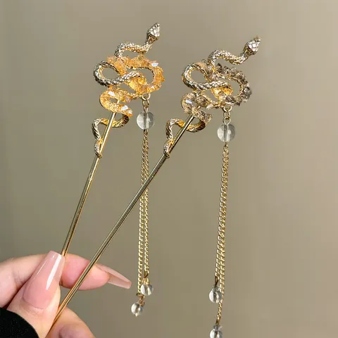 Neo-Chinese Style Snake Hairpin Long Tassel Rhinestone Hair Stick Vintage Hanfu Hair Fork For Women Hair Jewelry