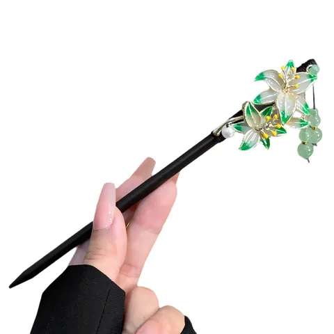 Chinese Style Flower Wooden Hair Stick For Women Antique Enamel Iris Tassel Hair Fork Elegant Handcrafted Hair Pin Jewelry