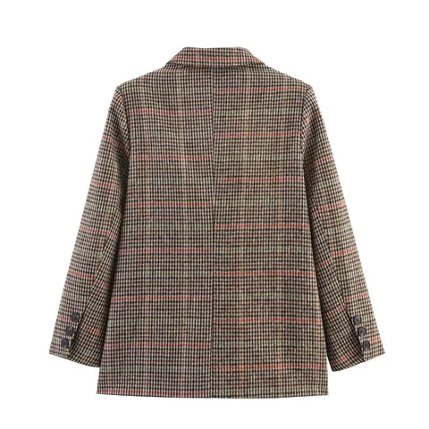 Women Casual Plaid Woolen Blazer Jacket Long Sleeve Lapel Single Breasted Straight Fit Fashion Outerwear