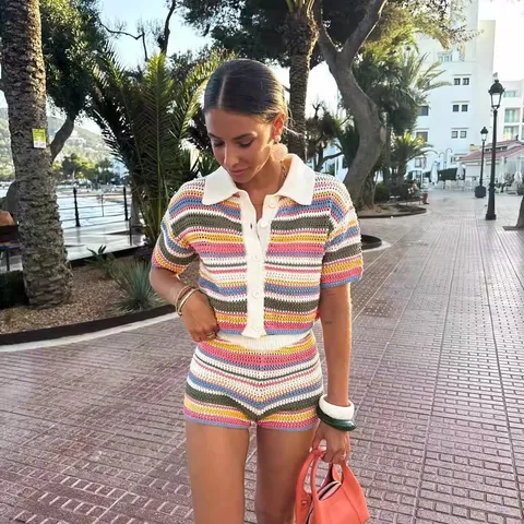 Womens Summer Casual Knit Cardigan And Shorts Set Striped Lapel Short Sleeve Top And Matching Bottom Fashion Knitwear Outfit