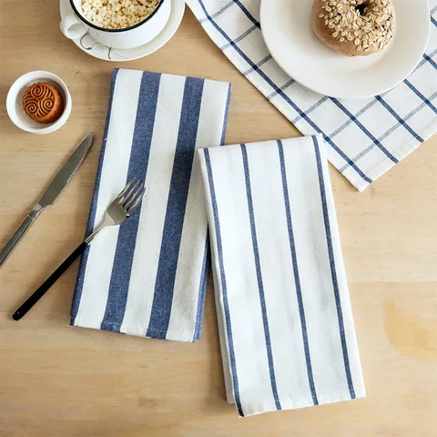 Style Nordique Pur Coton Teint En Fil Rayé À Carreaux Bleu Torchon Cuisine Chiffon De Nettoyage Décor De Table À Manger
