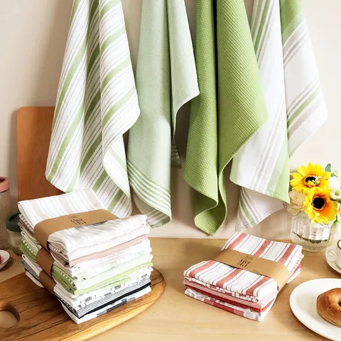 Noordse Minimalistische Garengeverfde Gestre Kte Keukendoek Set Puur Katoen Huistextiel Vaatdoek Voor Eetkamer