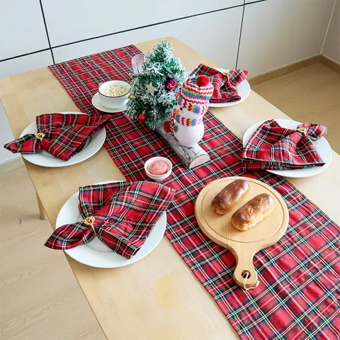 Christmas Tablecloth Table Runner Polyester Yarn-Dyed Plaid Nordic Style Holiday Home Dining Table Decoration Napkin Set