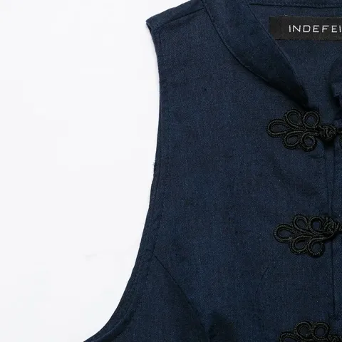 Neuer Chinesischer Stil Damen Leinenmischung Weste Einfarbig Stehkragen Froschknöpfe Taille Betonend Ärmellos Top