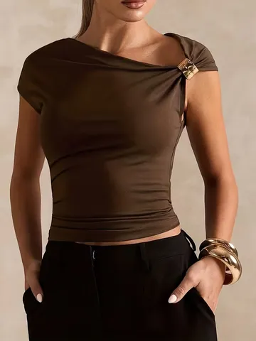 Women's Casual Asymmetric Cold Shoulder Solid Color Slim Fit T-Shirt Short Sleeve Metal Decor Chic Top