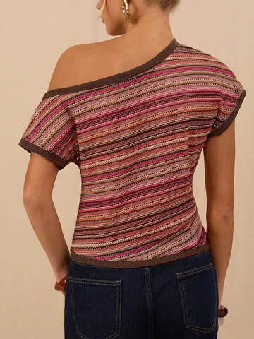 Women's Retro Elegant Off The Shoulder Short Sleeve T-Shirt Slim Fit Color Block Striped Polyester Top Female Clothing