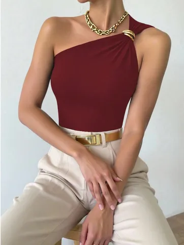 Débardeur Femme Sexy Slim Fit Une Épaule Sans Manches Boucle en Métal Couleur Unie Casual Mode Été