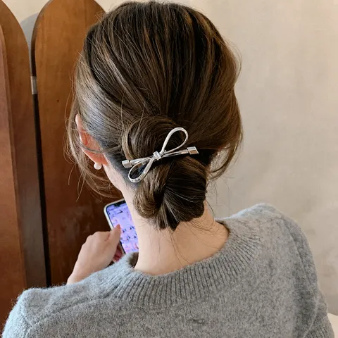 Korean Style Silver Bowknot Hair Tie Alloy Metal Bow Ponytail Holder High Elastic Rubber Band Fashion Hair Accessories For Women