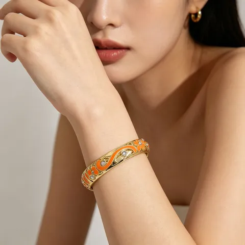 Bracciale Rigido Cloisonne Vintage da Donna in Smalto Colorato con Fiori e Foglie con Strass in Lega Bracciale a Cerniera
