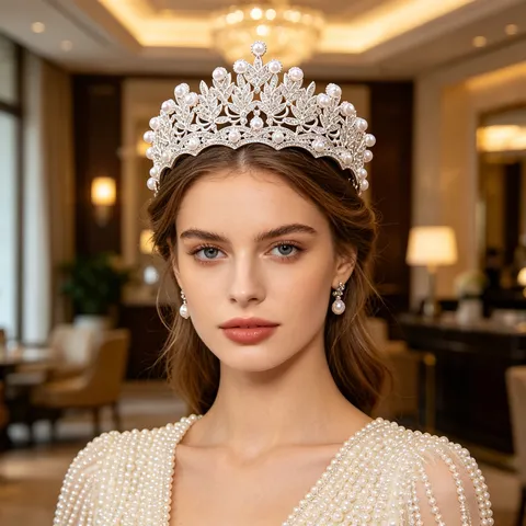 Couronne de Mariée Luxueuse en Alliage Perles Artificielles Vintage Diadème de Mariage Strass Or Argent Accessoire Cheveux pour Fête Femme Bijoux